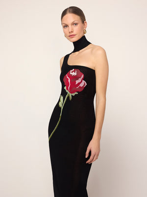 Chloe Black Rose One Shoulder Knit Dress By KITRI Studio