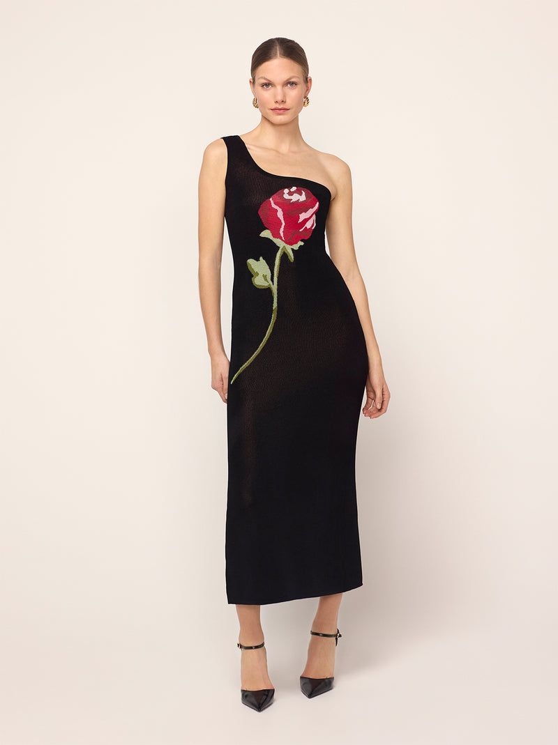 Chloe Black Rose One Shoulder Knit Dress By KITRI Studio