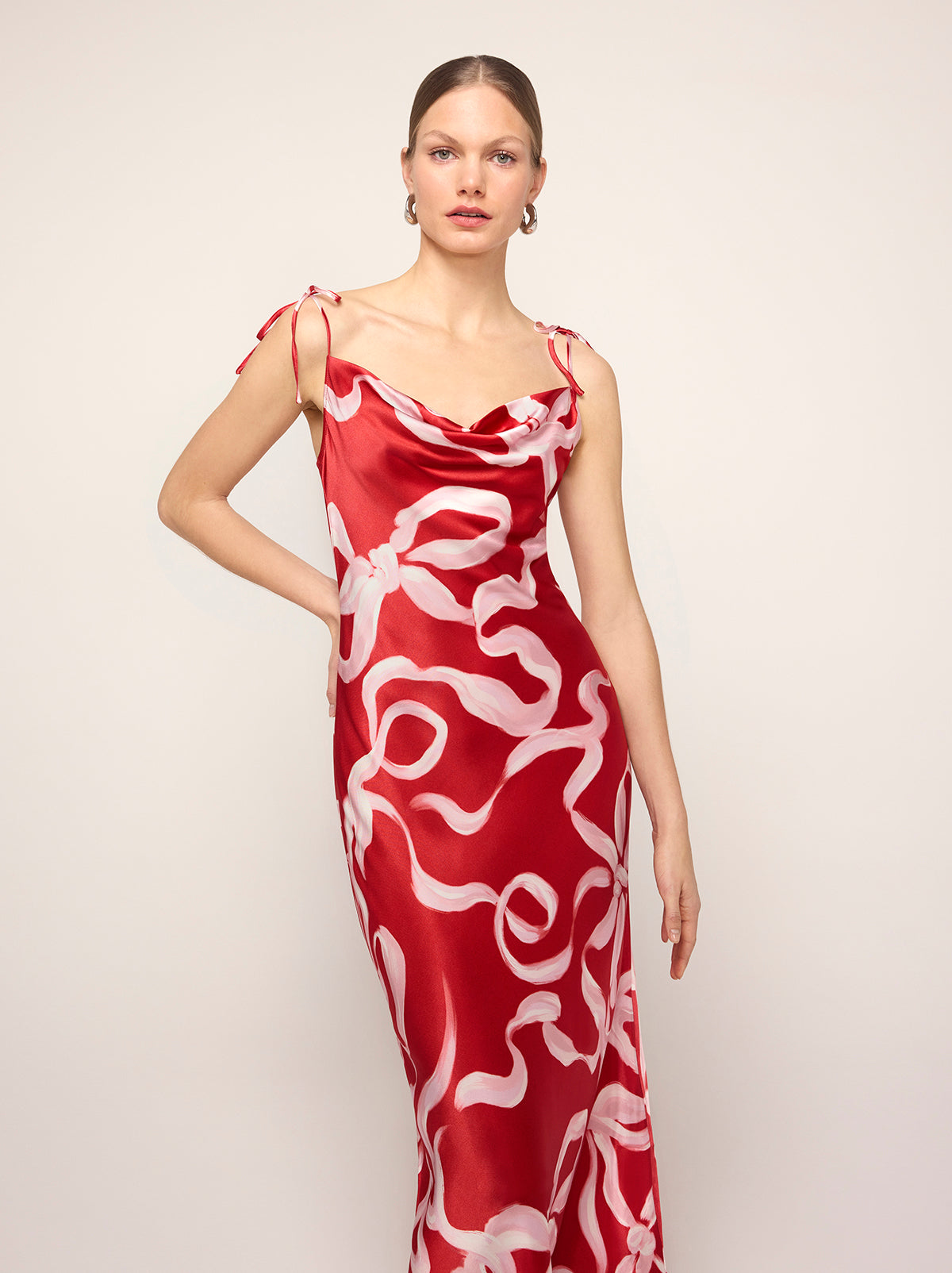 Model Ribbon Dress Cindy Red Ribbon Print Maxi Dress | KITRI Studio