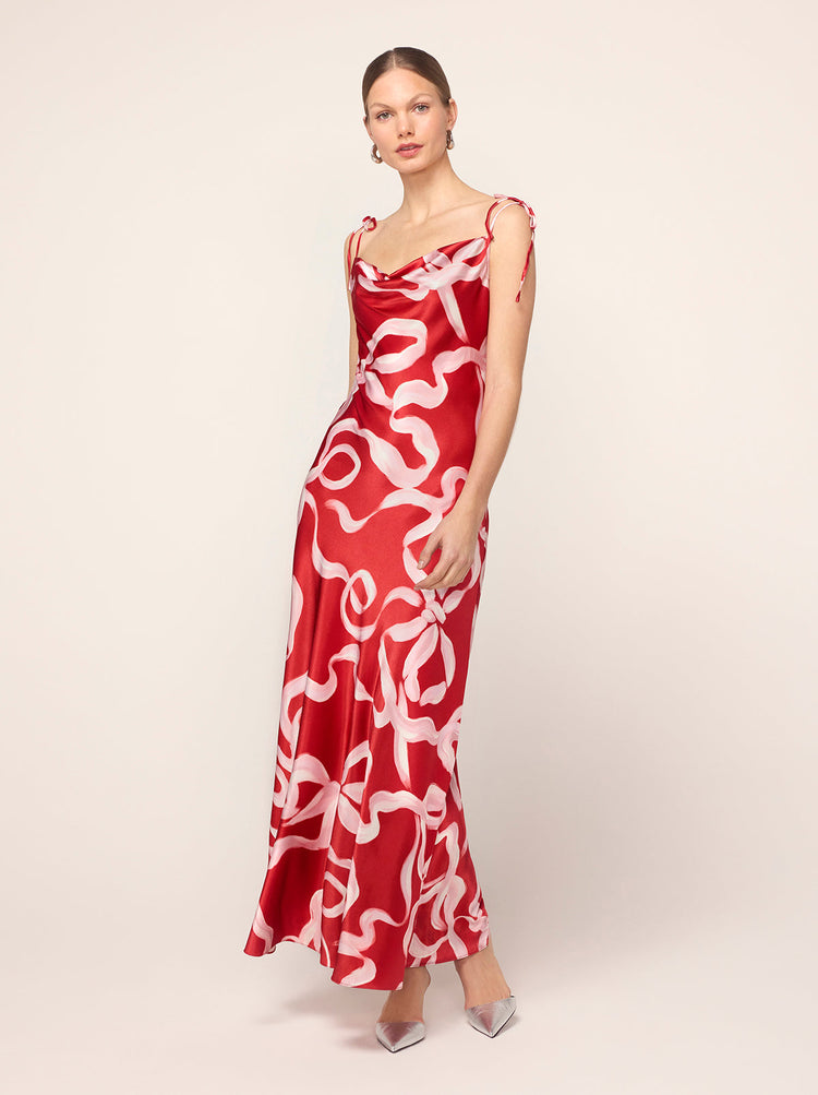 Cindy Red Ribbon Print Maxi Dress By KITRI Studio