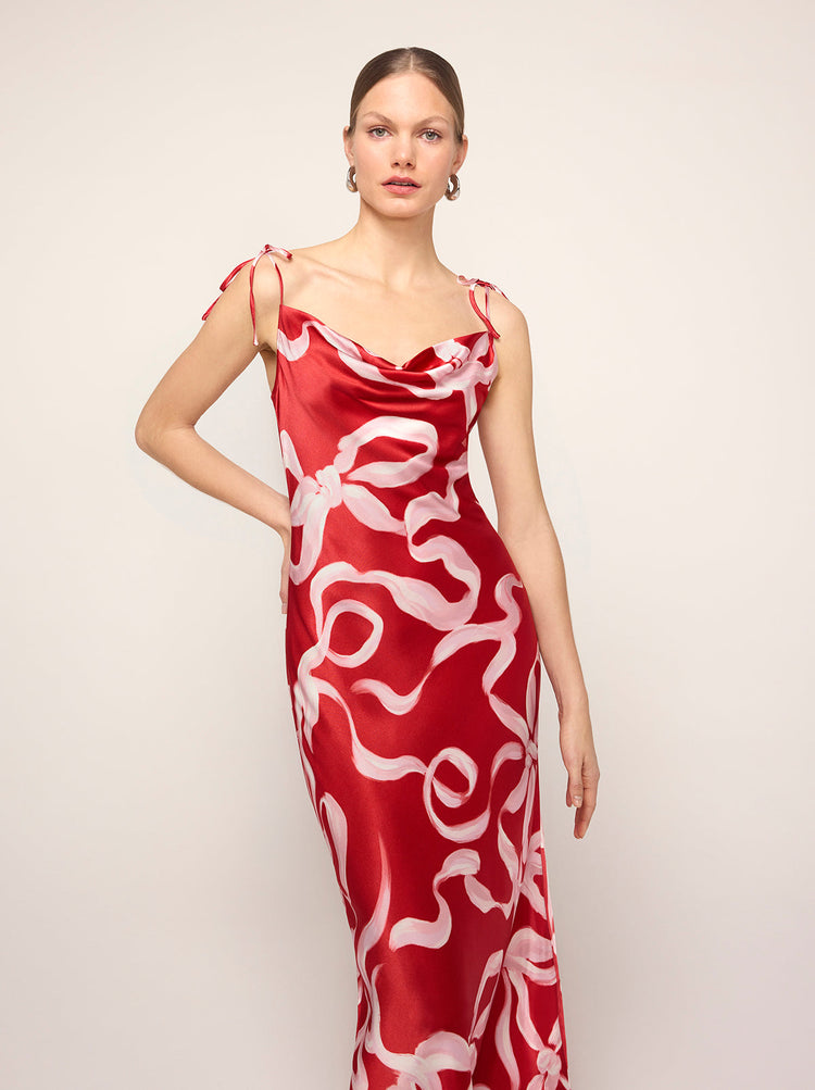 Cindy Red Ribbon Print Maxi Dress By KITRI Studio