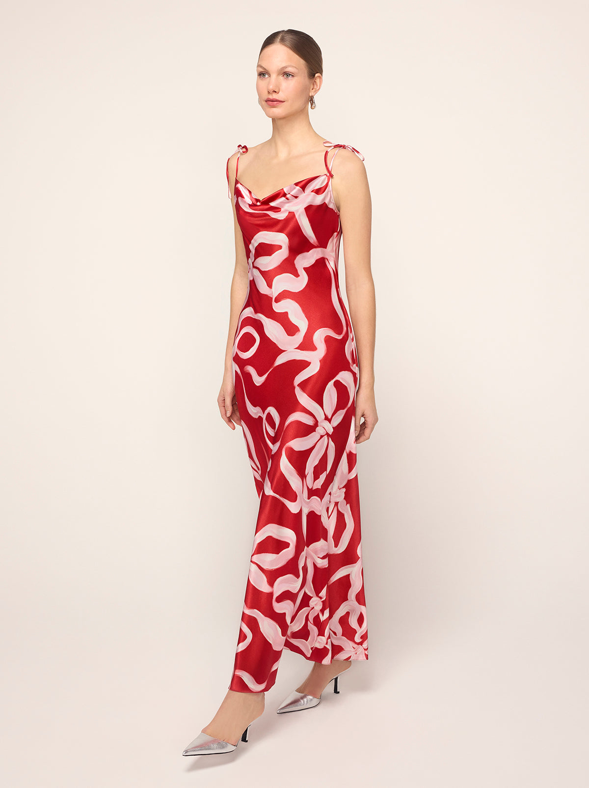 Cindy Red Ribbon Print Maxi Dress By KITRI Studio