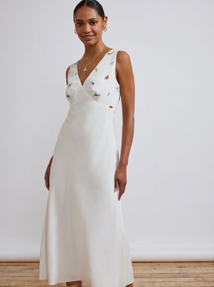 Claire White Vintage Floral Embroidered Slip Dress By KITRI Studio