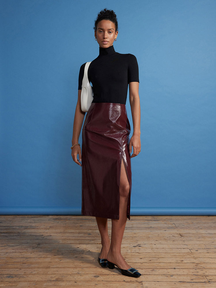 Clea Chocolate Vinyl Midi Skirt By KITRI Studio