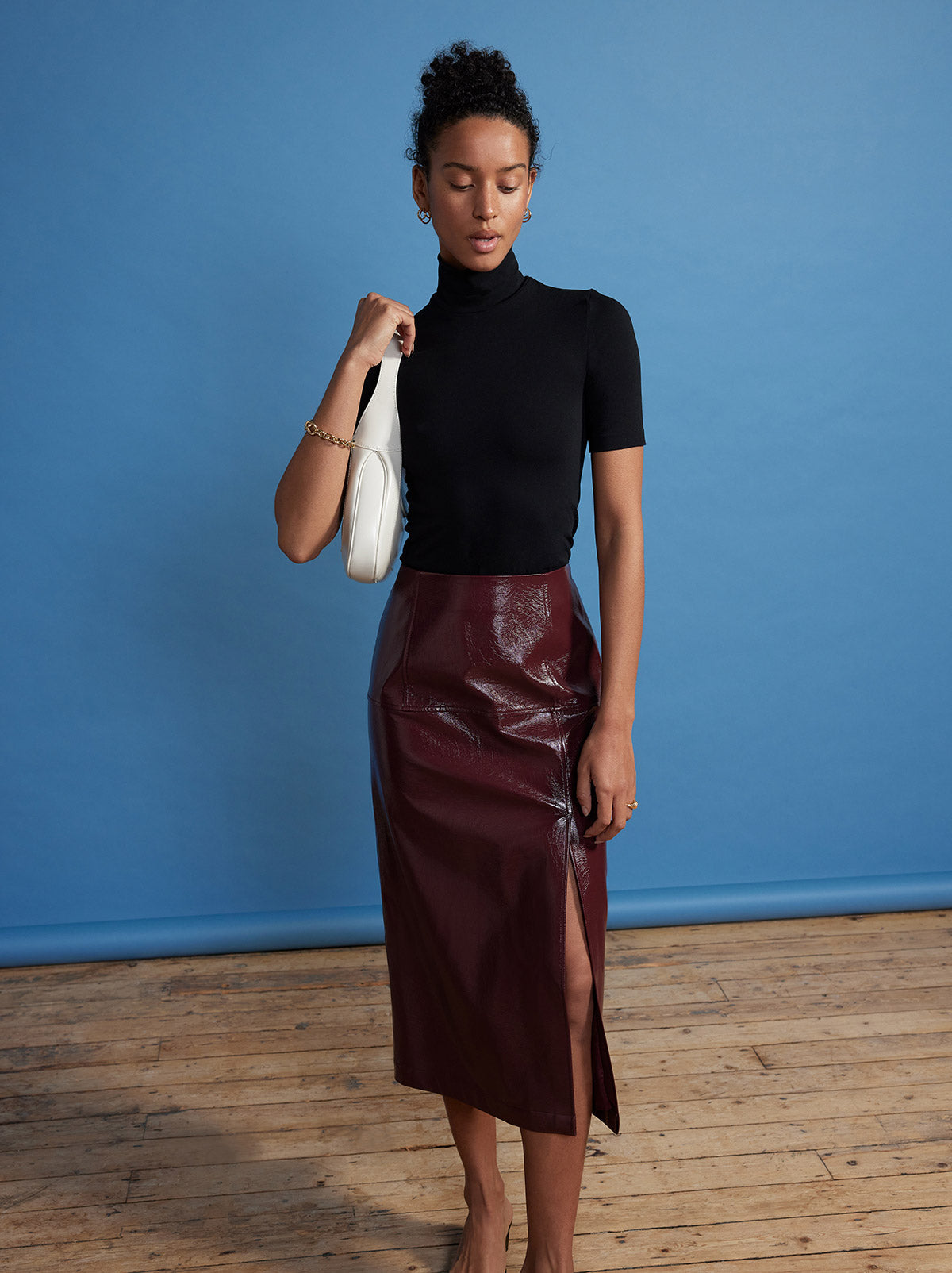 Clea Chocolate Vinyl Midi Skirt By KITRI Studio