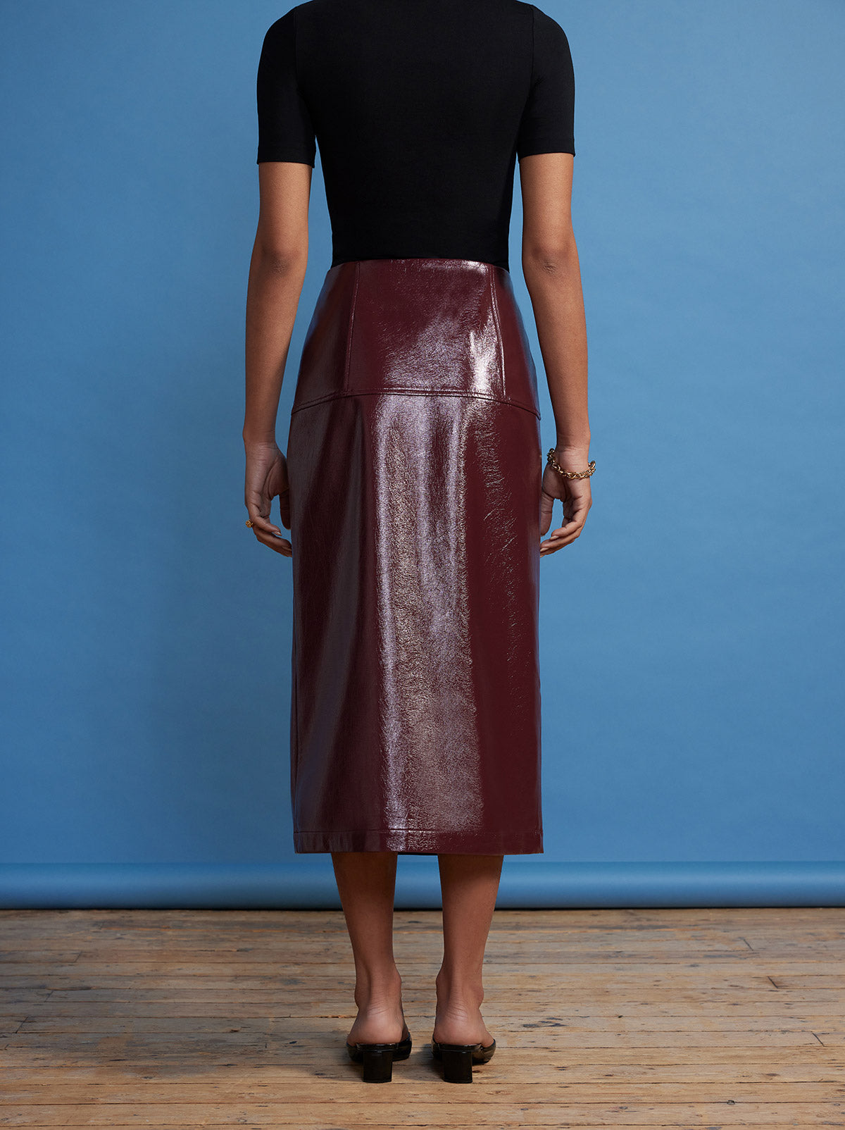 Clea Chocolate Vinyl Midi Skirt By KITRI Studio