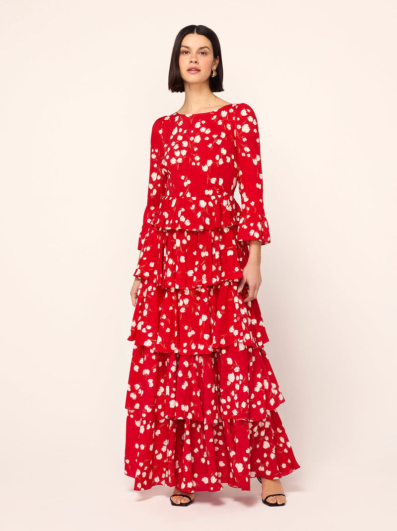 Coralie Red Scattered Tulip Print Maxi Dress By KITRI Studio