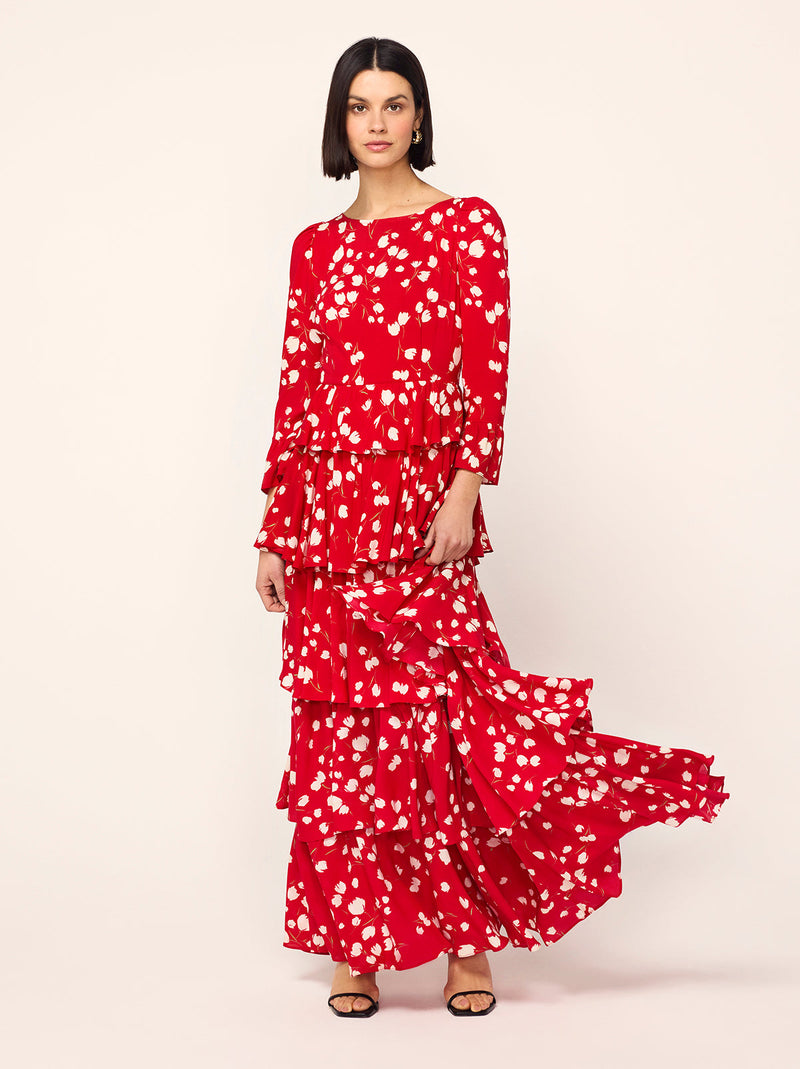 Coralie Red Scattered Tulip Print Maxi Dress By KITRI Studio