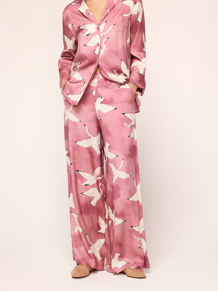 Cosima Pink Swans Print Trousers By KITRI Studio