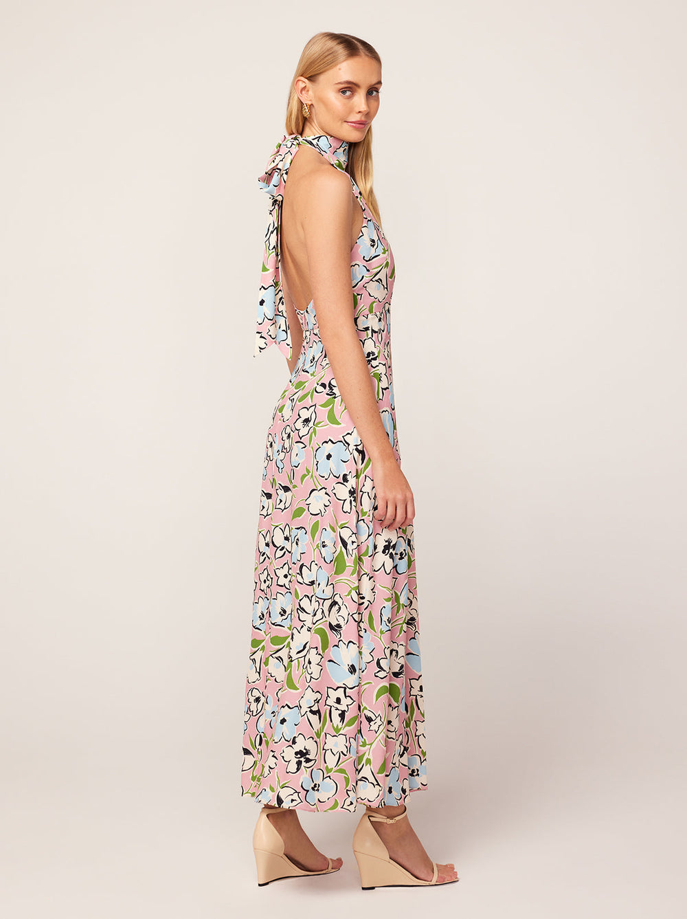 Kitri green cream pink boho shirred bust midi long dress small UK 10 vgc