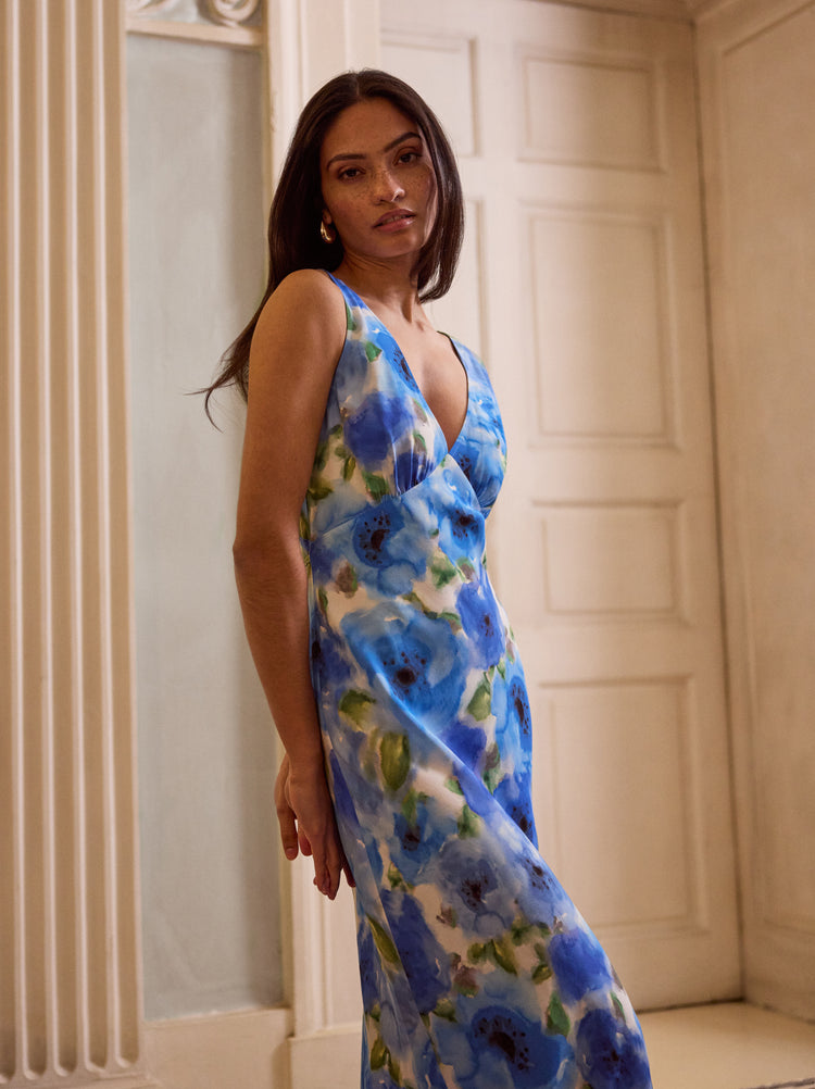 Danna Blue Watercolour Poppy Print Dress By KITRI Studio