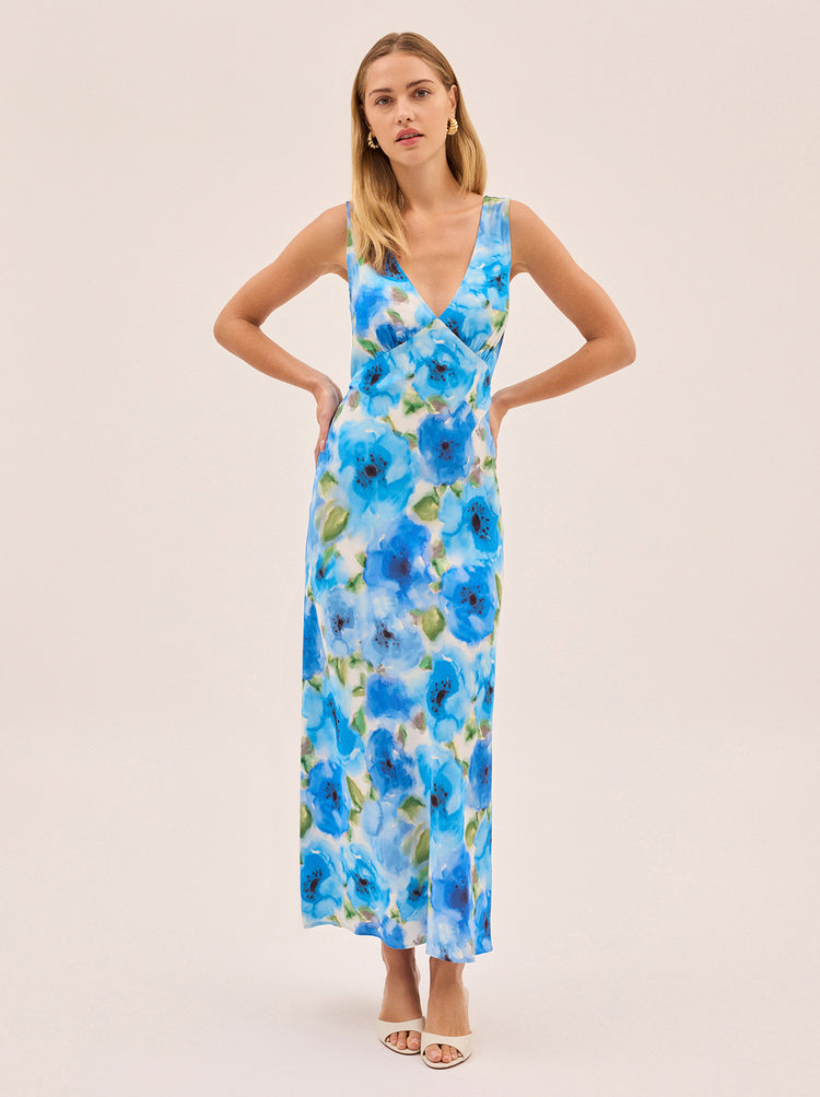 Danna Blue Watercolour Poppy Print Dress By KITRI Studio