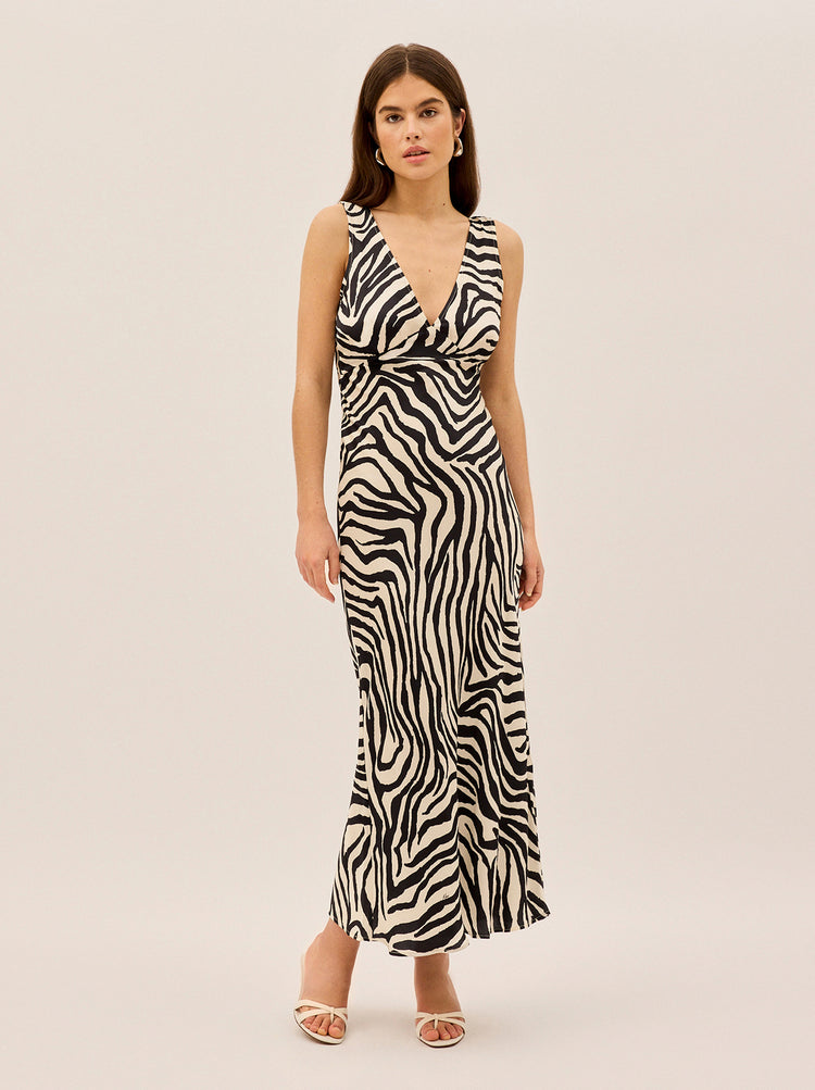 Danna Zebra Print Satin Dress By KITRI Studio