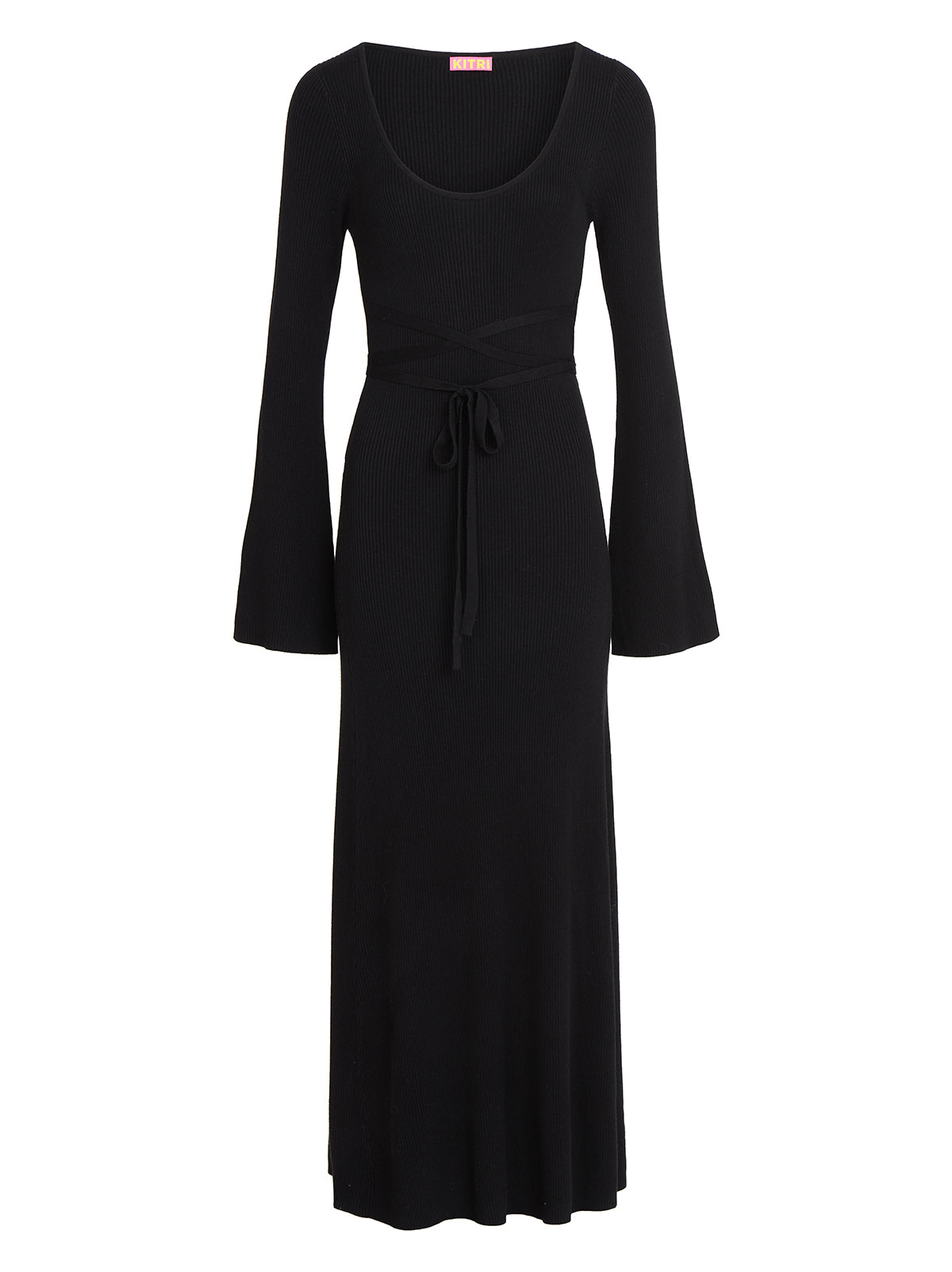 Darryl Black Ribbed Knit Dress - Darryl is a black ribbed knit midi dress with a flattering scoop neckline and feminine flare sleeves. Her ballet-inspired wrap-around tie waist detail flatters the silhouette. She'll look great with your favourite knee high boots.