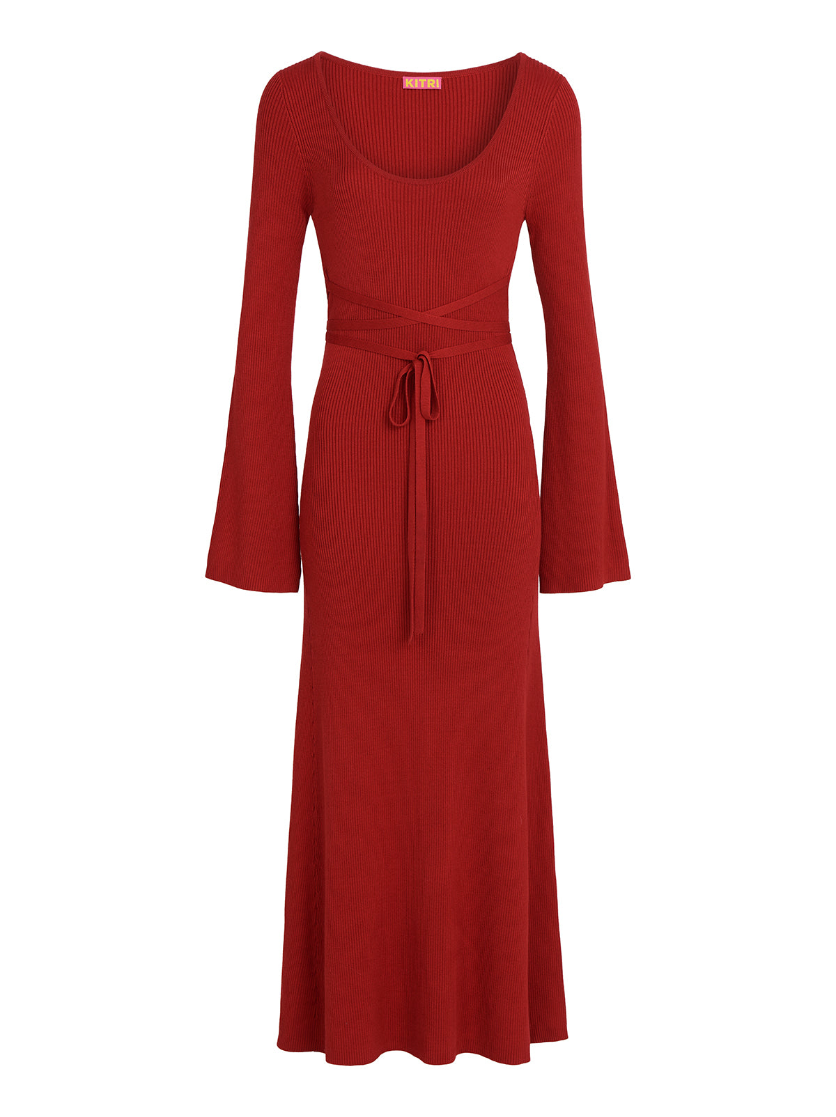 Darryl Red Ribbed Knit Dress - Darryl is a red ribbed knit midi dress with a flattering scoop neckline and feminine flare sleeves. Her ballet-inspired wrap-around tie waist detail flatters the silhouette. She'll look great with your favourite knee high boots.