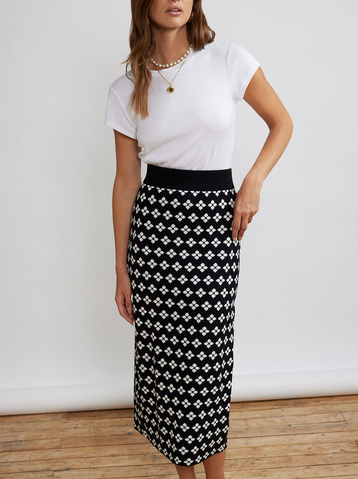 Delphine Black Floral Knit Midi Skirt By KITRI Studio