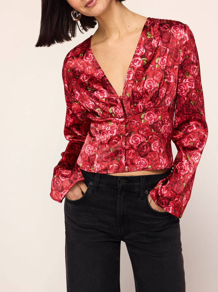 Demi Red Roses Print Top - Demi is a top for all occasions, with a low V-neckline and keyhole details and a slightly cropped fit. Pictured in her in-house designed romantic Red Roses print featureing a soft, painterly compact rose print in a palette of tonal red and pink.