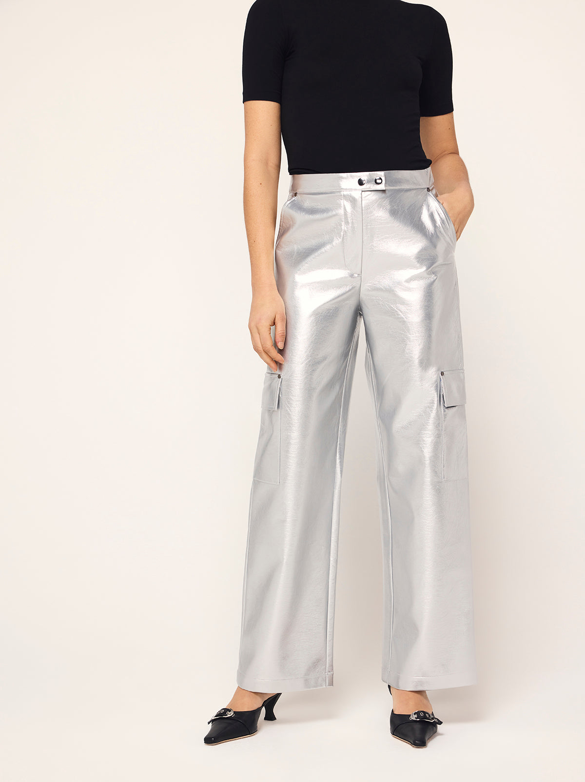 Denise Silver Vinyl Cargo Trousers By KITRI Studio