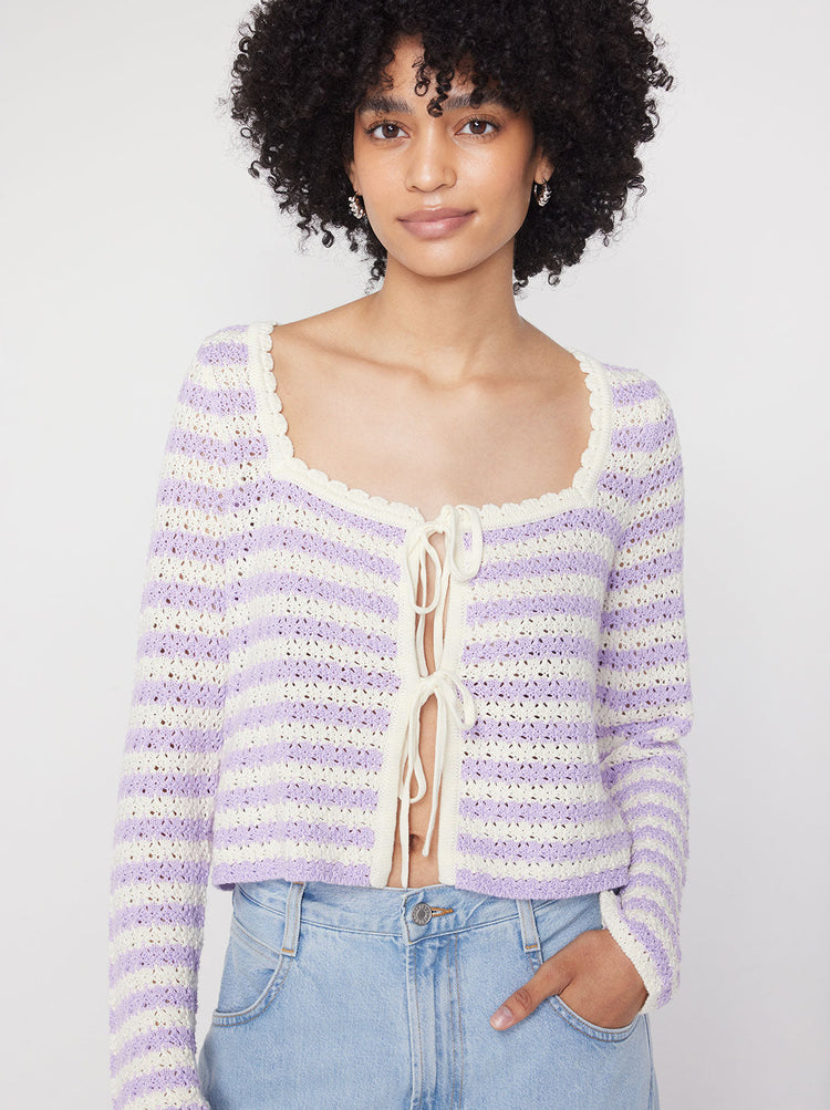 Dionne Lilac Stripe Crochet Knit Cardigan