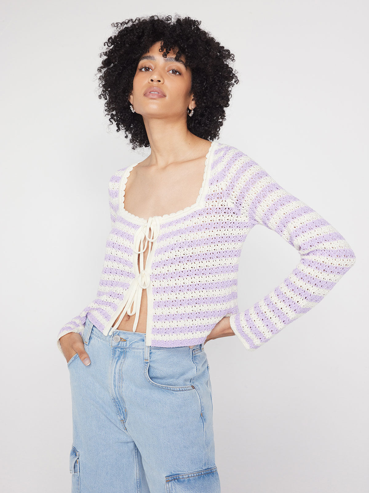 Dionne Lilac Stripe Crochet Knit Cardigan