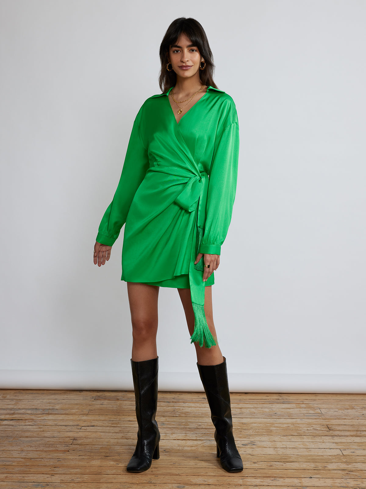 Donna Green Mini Wrap Dress by KITRI Studio