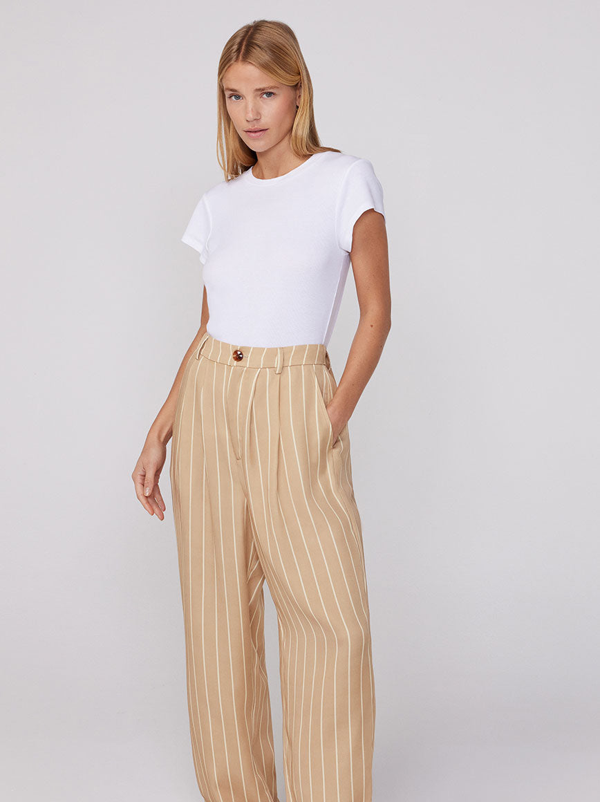 Edith Camel Stripe Wide Leg Trousers KITRI Studio