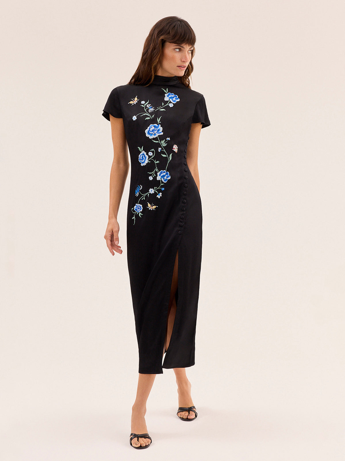 Elspeth Black Satin Embroidered Dress By KITRI Studio