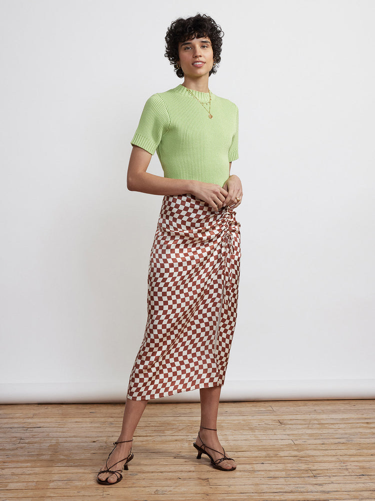 Emmeline Brown Wavy Checker Midi Skirt By KITRI Studio