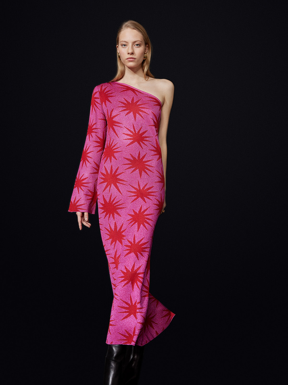 Esme Pink Star Lurex Knit One Shoulder Dress