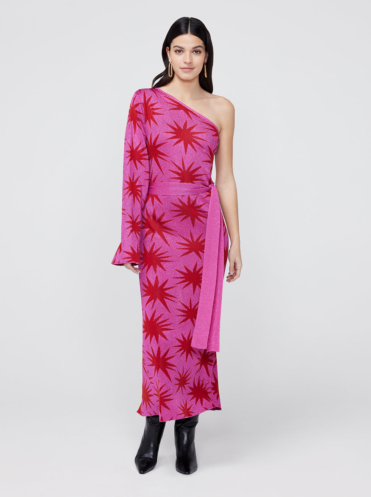 Esme Pink Star Lurex Knit One Shoulder Dress
