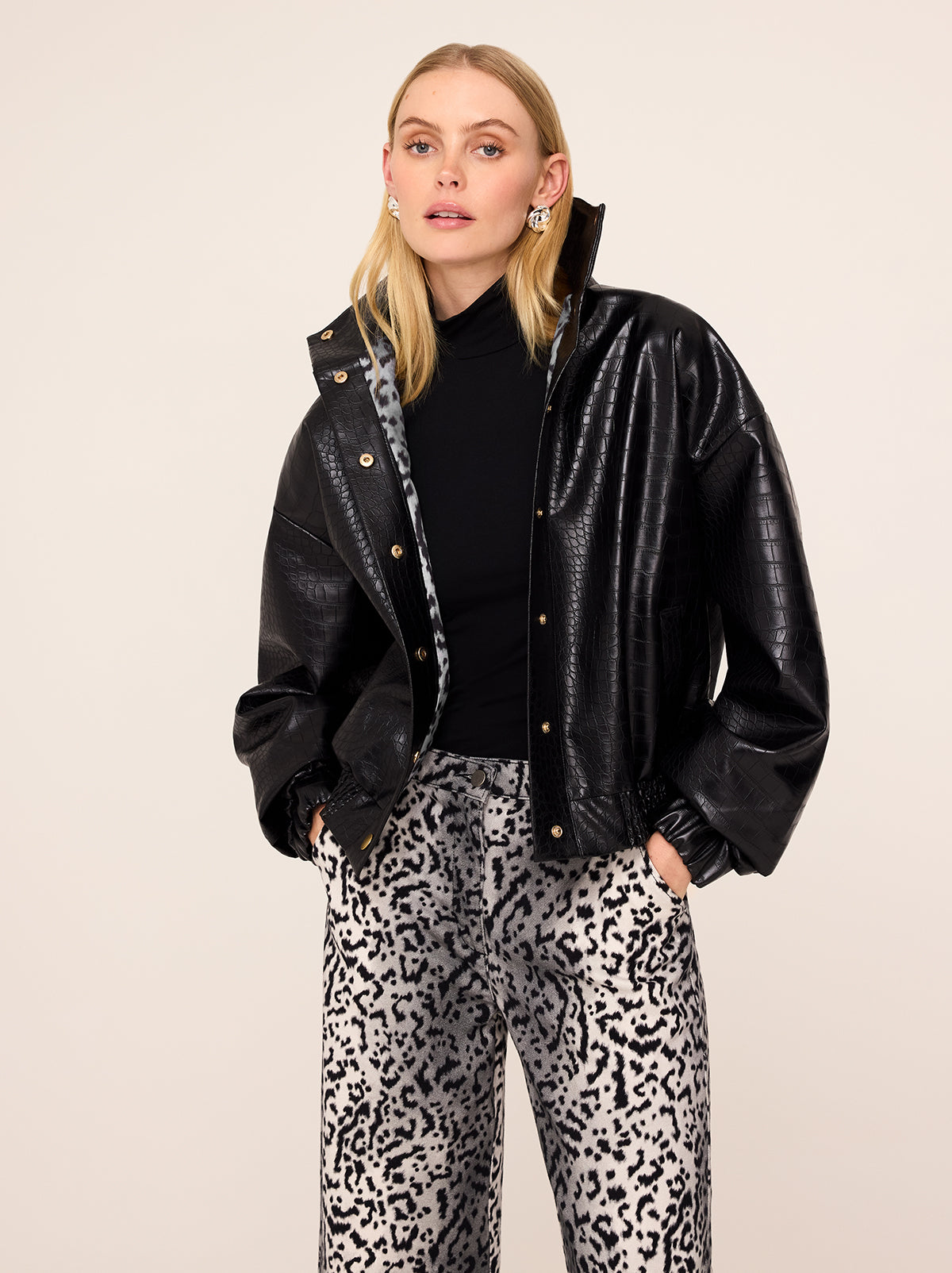 Estelle Black Faux Croc Oversized Bomber Jacket By KITRI Studio