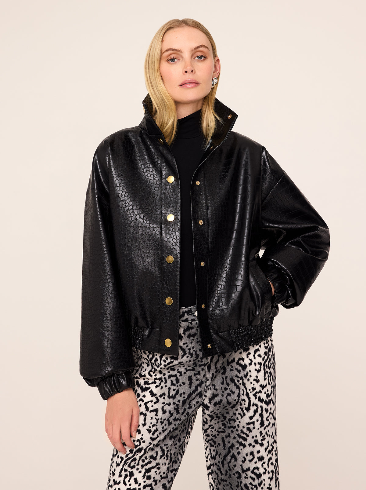 Estelle Black Faux Croc Oversized Bomber Jacket By KITRI Studio