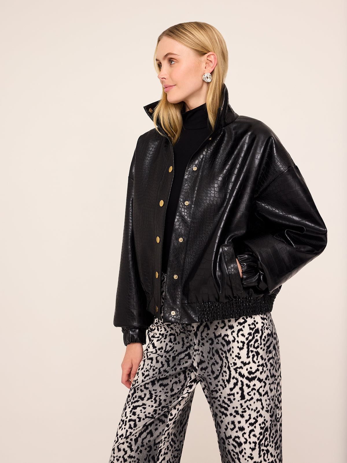 Estelle Black Faux Croc Oversized Bomber Jacket By KITRI Studio