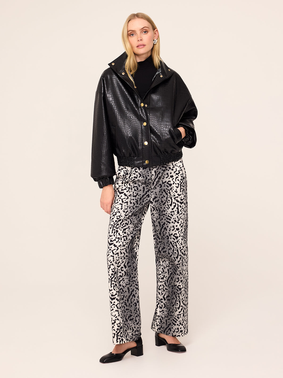 Estelle Black Faux Croc Oversized Bomber Jacket By KITRI Studio