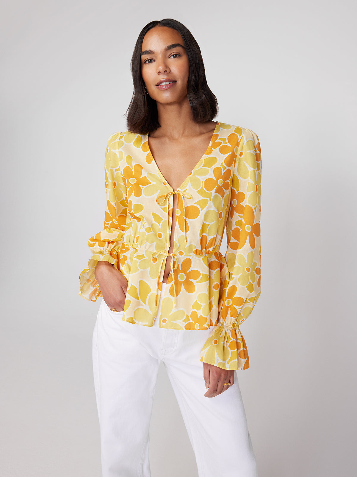 Etta Yellow Floral Print Tie Front Top | KITRI Studio