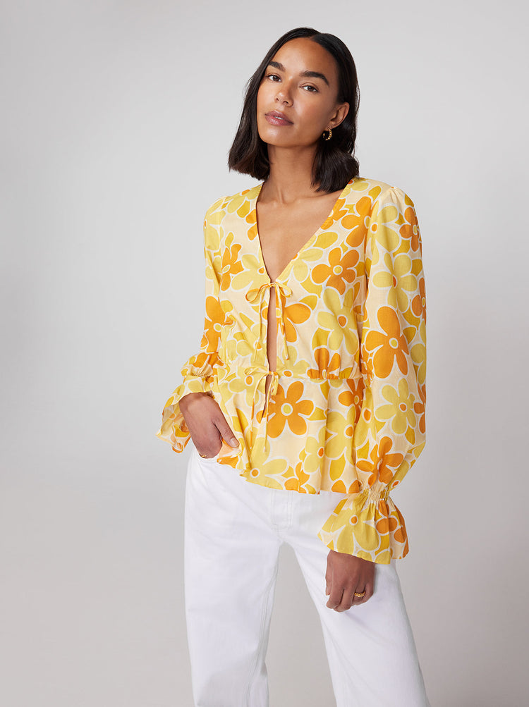 Etta Yellow Floral Print Tie Front Top