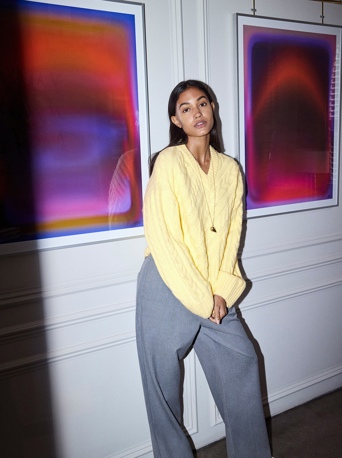 Everly Lemon Cable Knit V-Neck Jumper By KITRI Studio