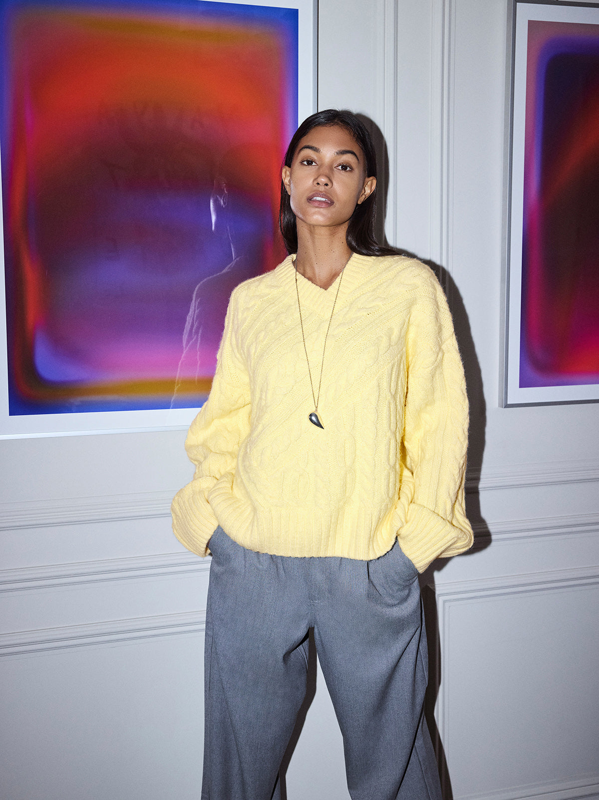 Everly Lemon Cable Knit V-Neck Jumper By KITRI Studio