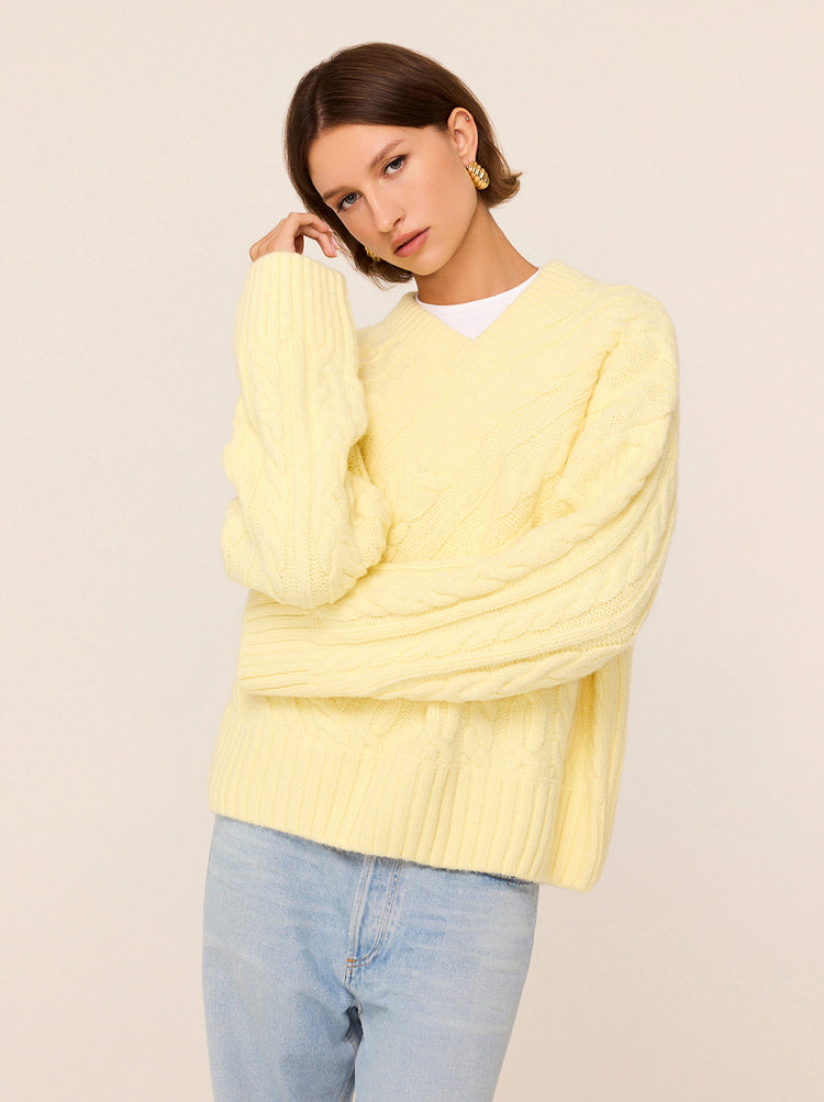 Everly Lemon Cable Knit V-Neck Jumper By KITRI Studio