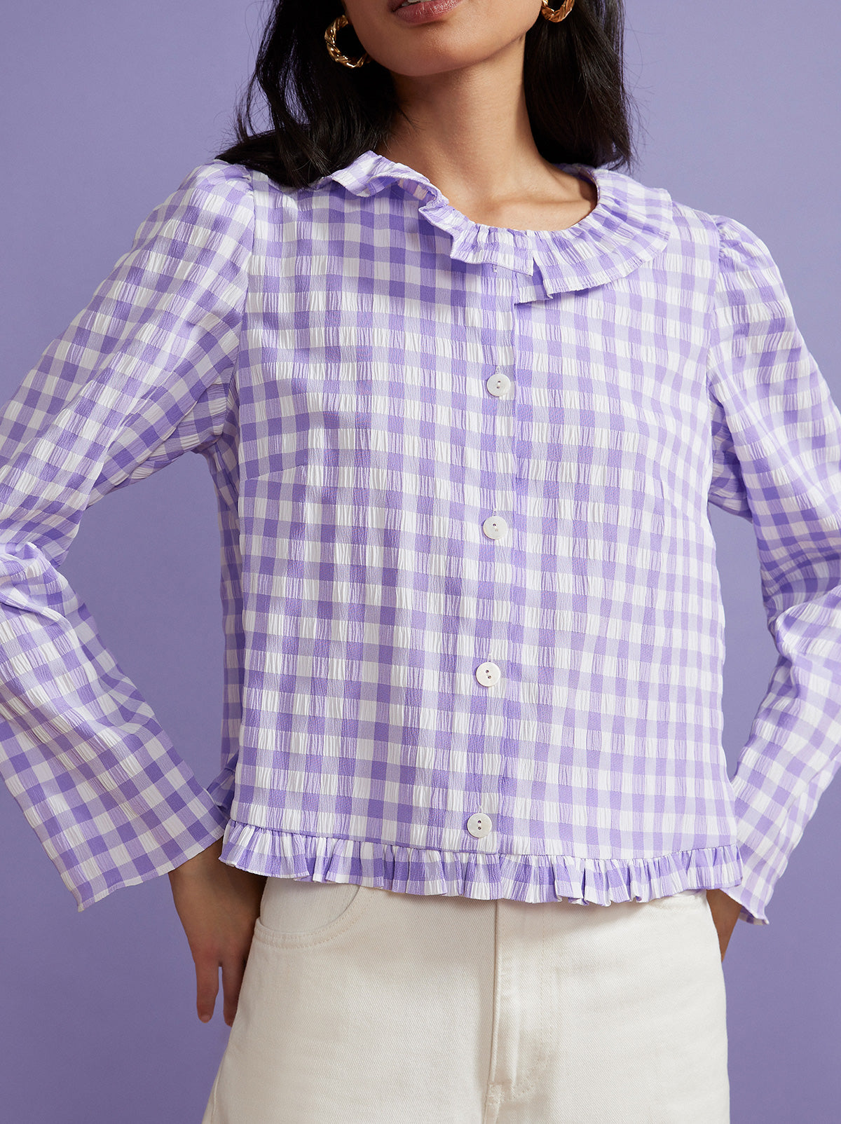Everly Lilac Check Seersucker Top By KITRI Studio