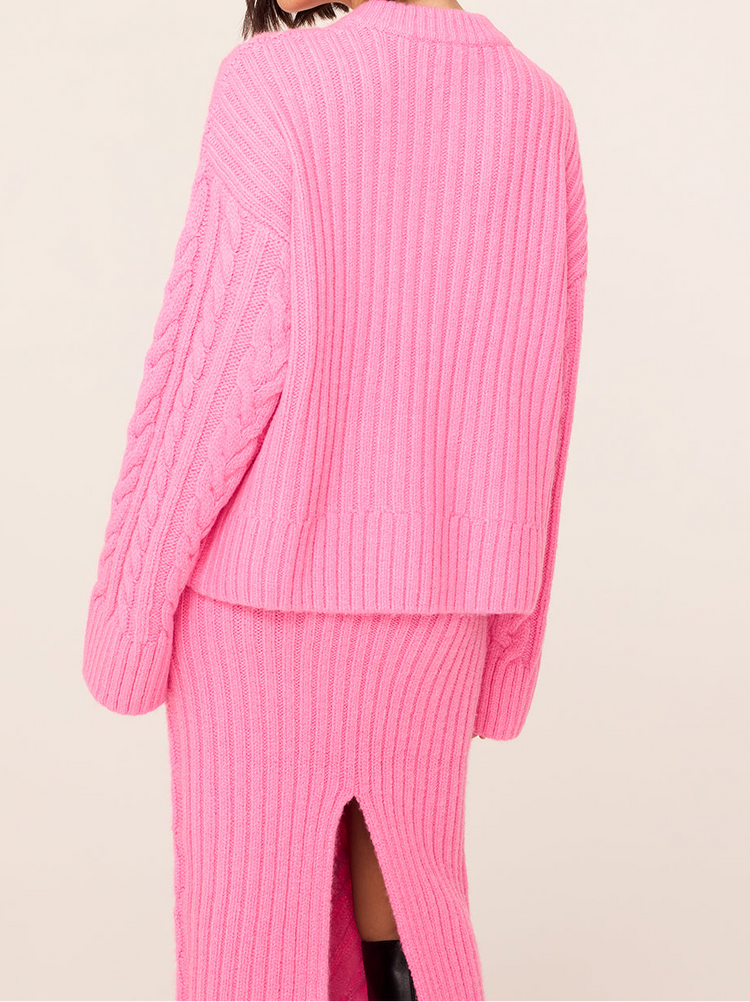 Everly Pink Cable Knit V-Neck Jumper By KITRI Studio