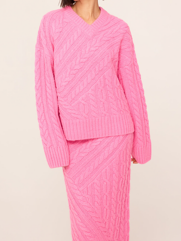 Everly Pink Cable Knit V-Neck Jumper By KITRI Studio