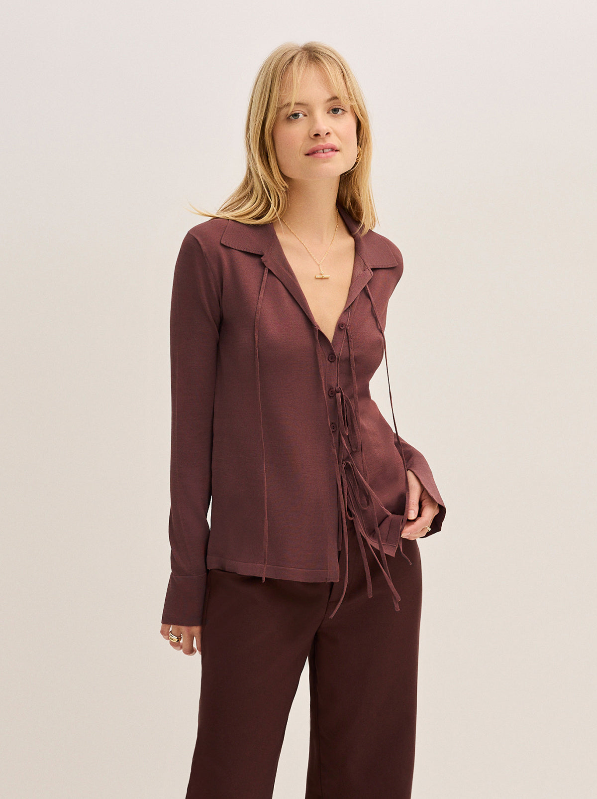 Farrah Mocha Tie Front Knit Top By KITRI Studio