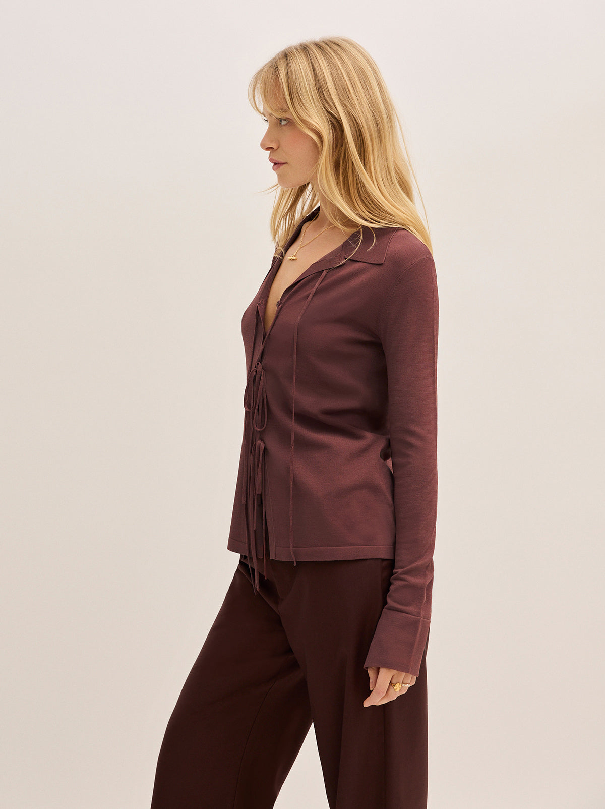 Farrah Mocha Tie Front Knit Top By KITRI Studio