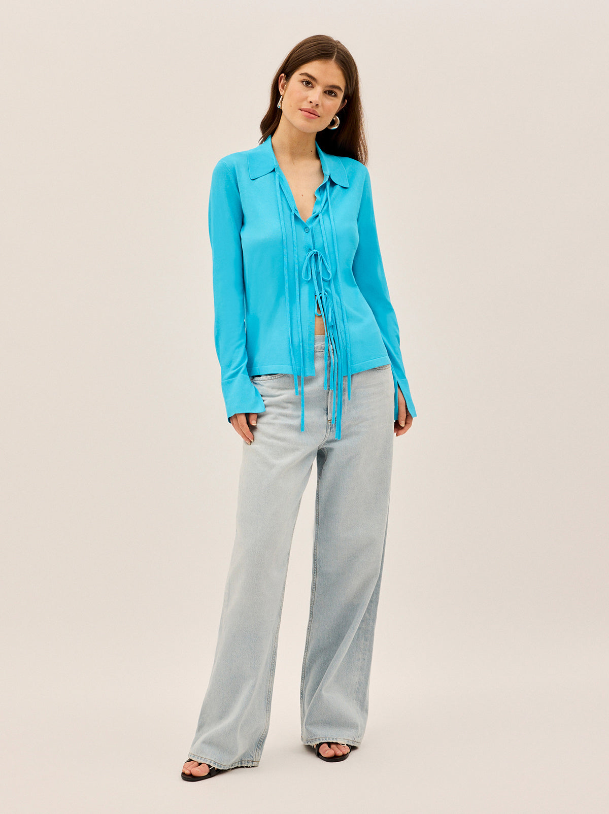 Farrah Turquoise Tie Front Knit Top | KITRI Studio