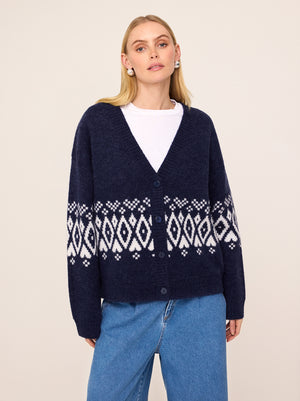 Felicia Navy Fairisle V-Neck Knit Cardigan By KITRI Studio