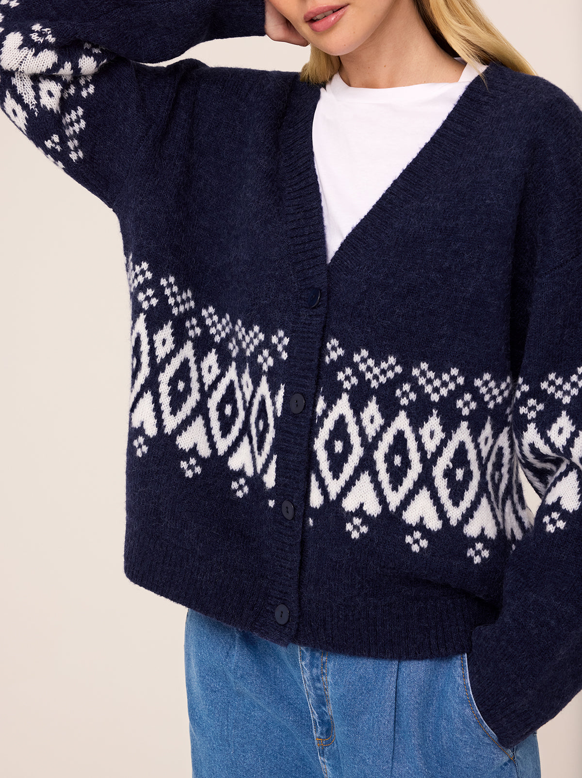 Felicia Navy Fairisle V-Neck Knit Cardigan By KITRI Studio