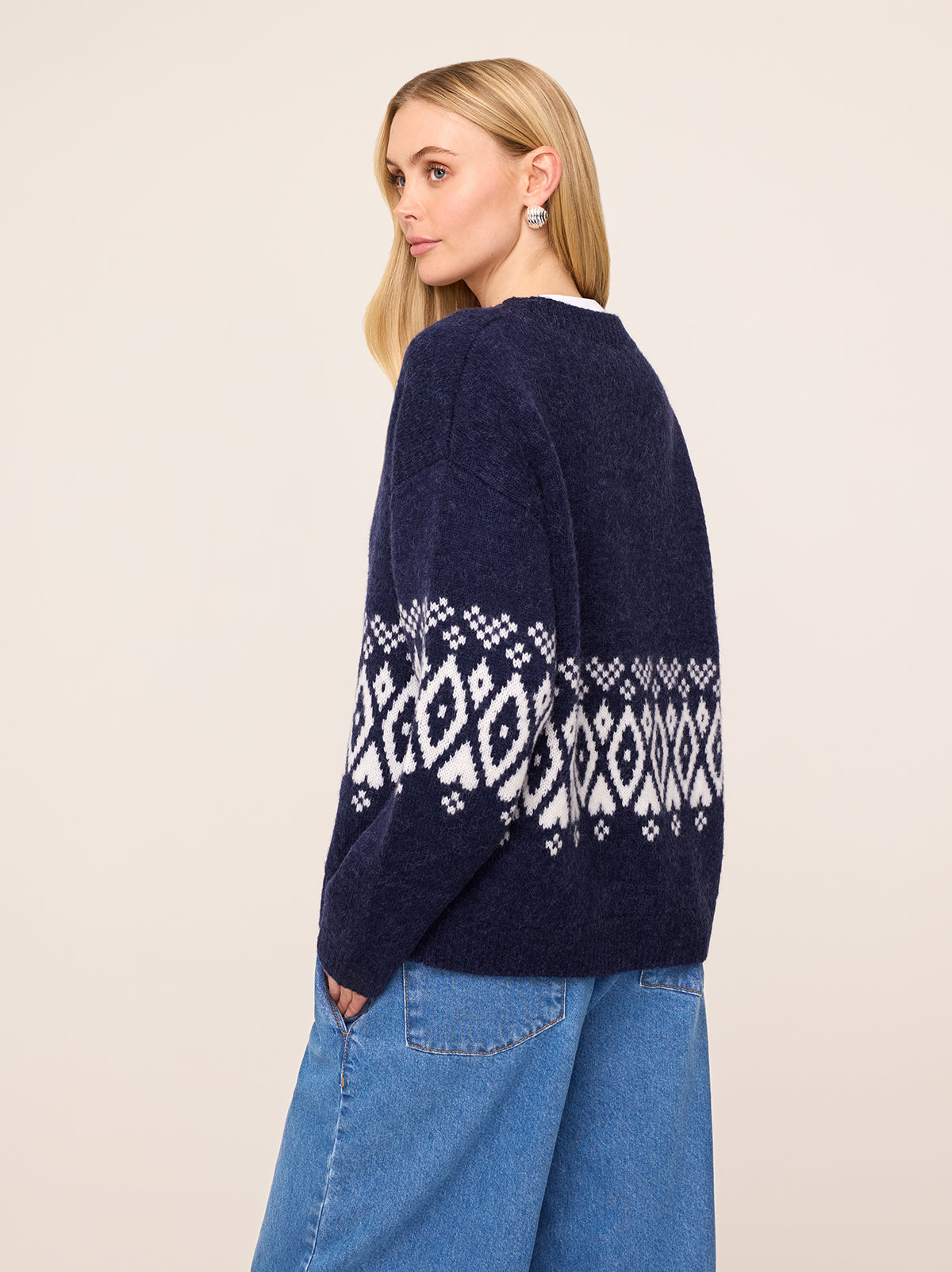 Felicia Navy Fairisle V-Neck Knit Cardigan By KITRI Studio