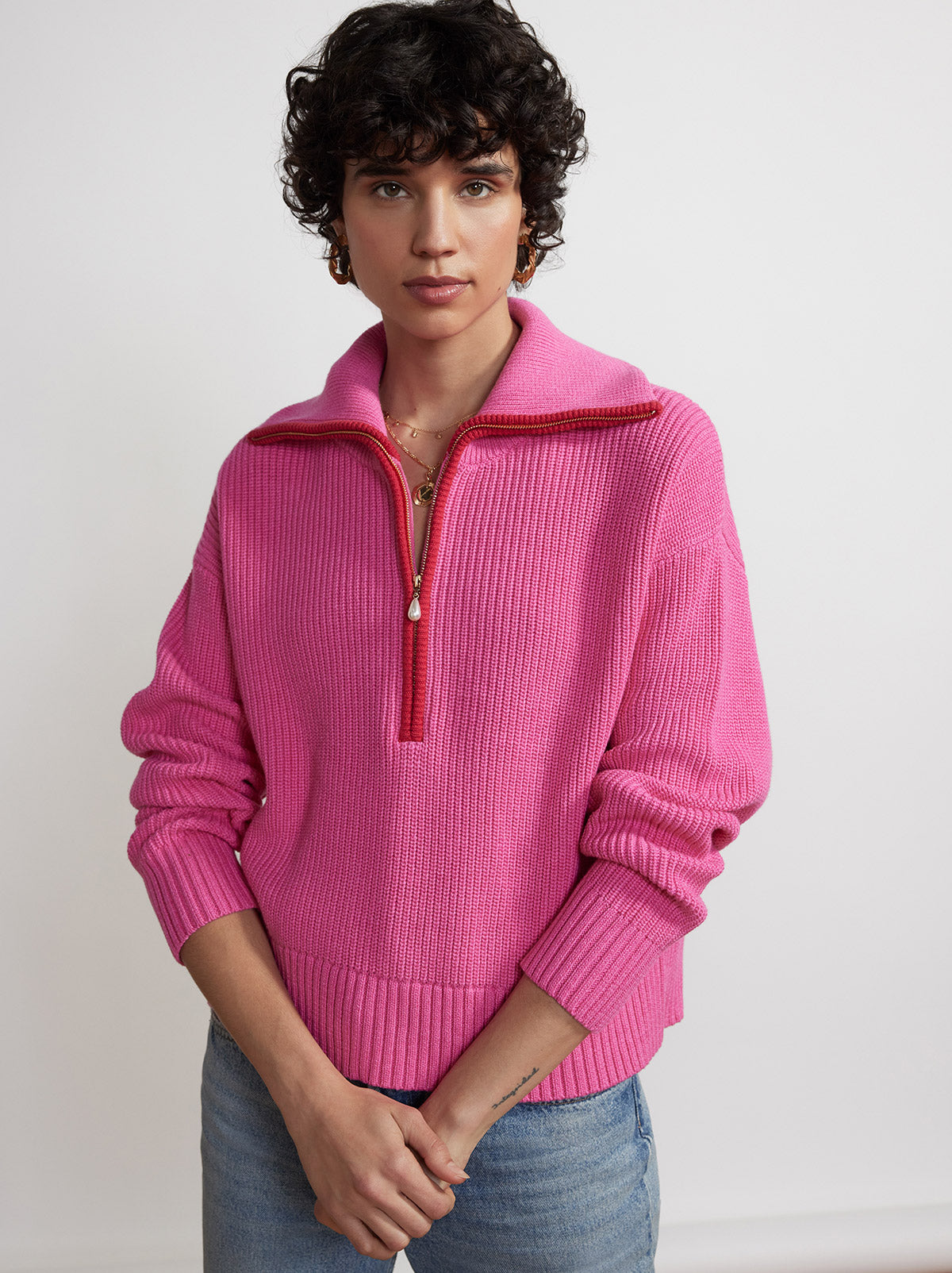 Fern Pink Half-Zip Sweater By KITRI Studio