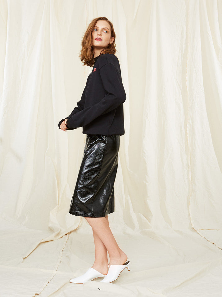 Black vinyl 2024 midi skirt